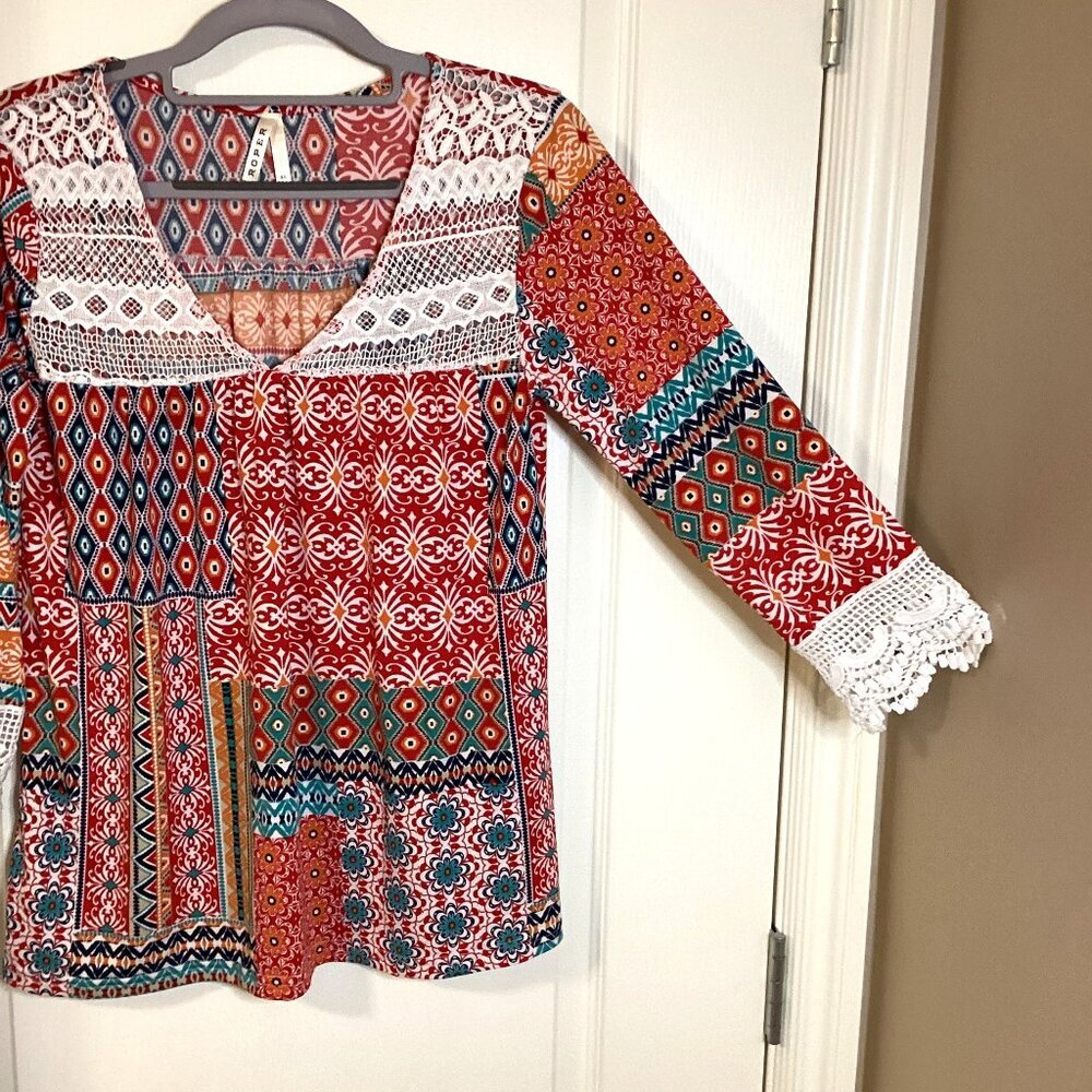 Roper Womens Top Blouse Size XS Stretchy White Cotton Trim Patchwork Top Pattern